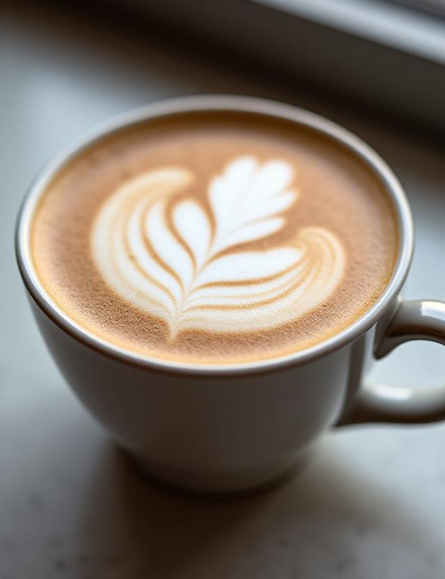 Close up of a latte art heart in a ceramic cup